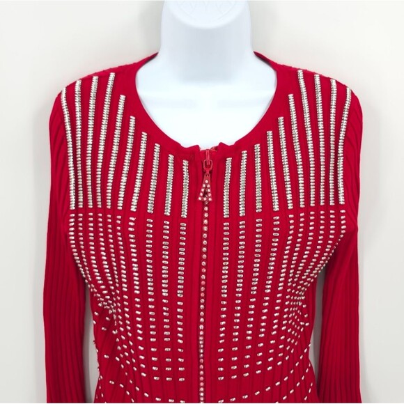 Radzoli Beaded Ribbed Sweater Long Sleeve Holiday Party Vegas Bling Red Large - Picture 3 of 16
